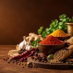 Vibrant bowls of freshly ground red chilli, turmeric, whole cardamom and cloves for Kanhaji traditional Chai and Milk Masalas