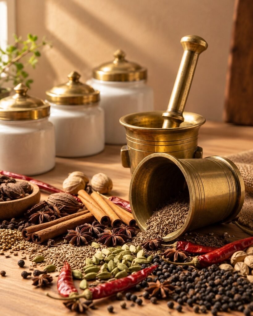Traditional brass mortar and pestle with whole cumin, cinnamon, star anise, and cardamom