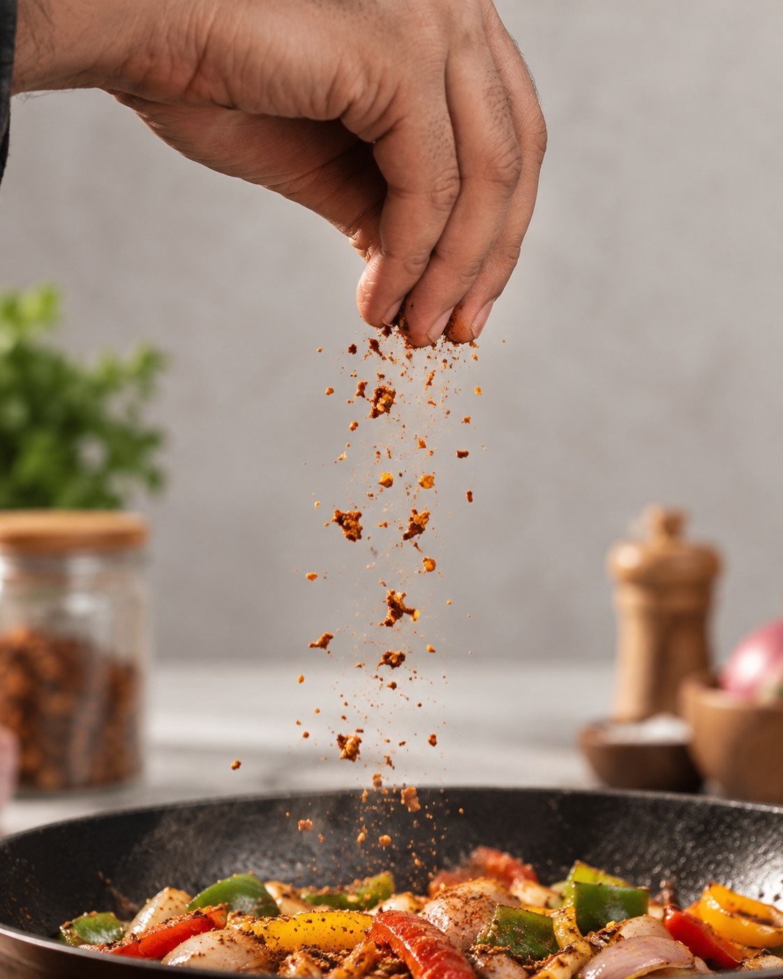 Hand sprinkling pure fragrant spices into a sizzling pan of sautéed fresh vegetables