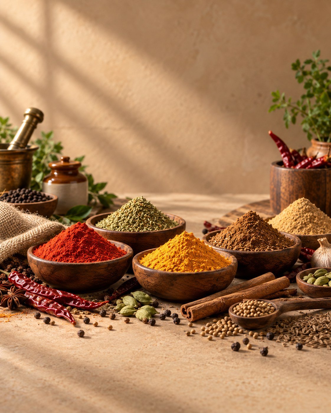 Wooden bowls filled with freshly ground pure Indian spices and aromatic whole spices