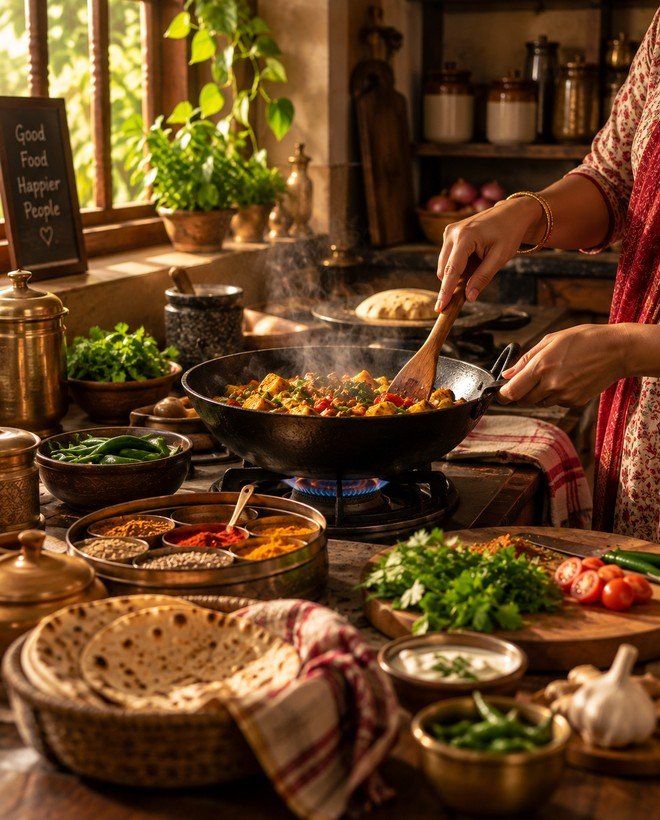 Homestyle Indian Kadai Cooking with Fresh Spices and Rotis - Kanhaji Masale