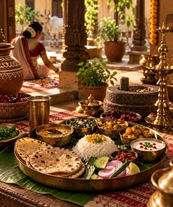 Authentic Saatvik Indian thali meal prepared with stone-ground Kanhaji spices and natural ingredients